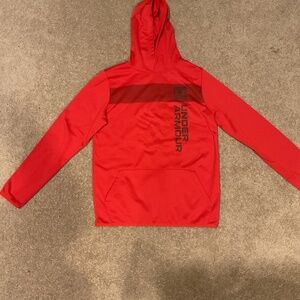 Vibrant red hooded sweatshirt. Perfect for casual wear.